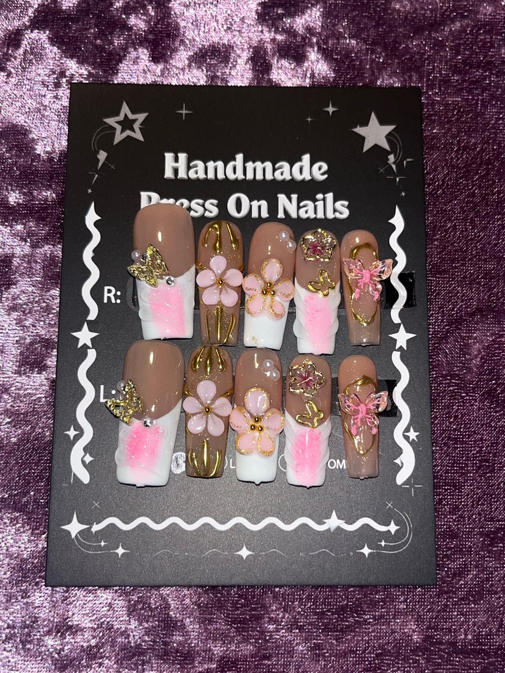 Handmade Pink & Brown Press-On Nails - Floral Nail Set